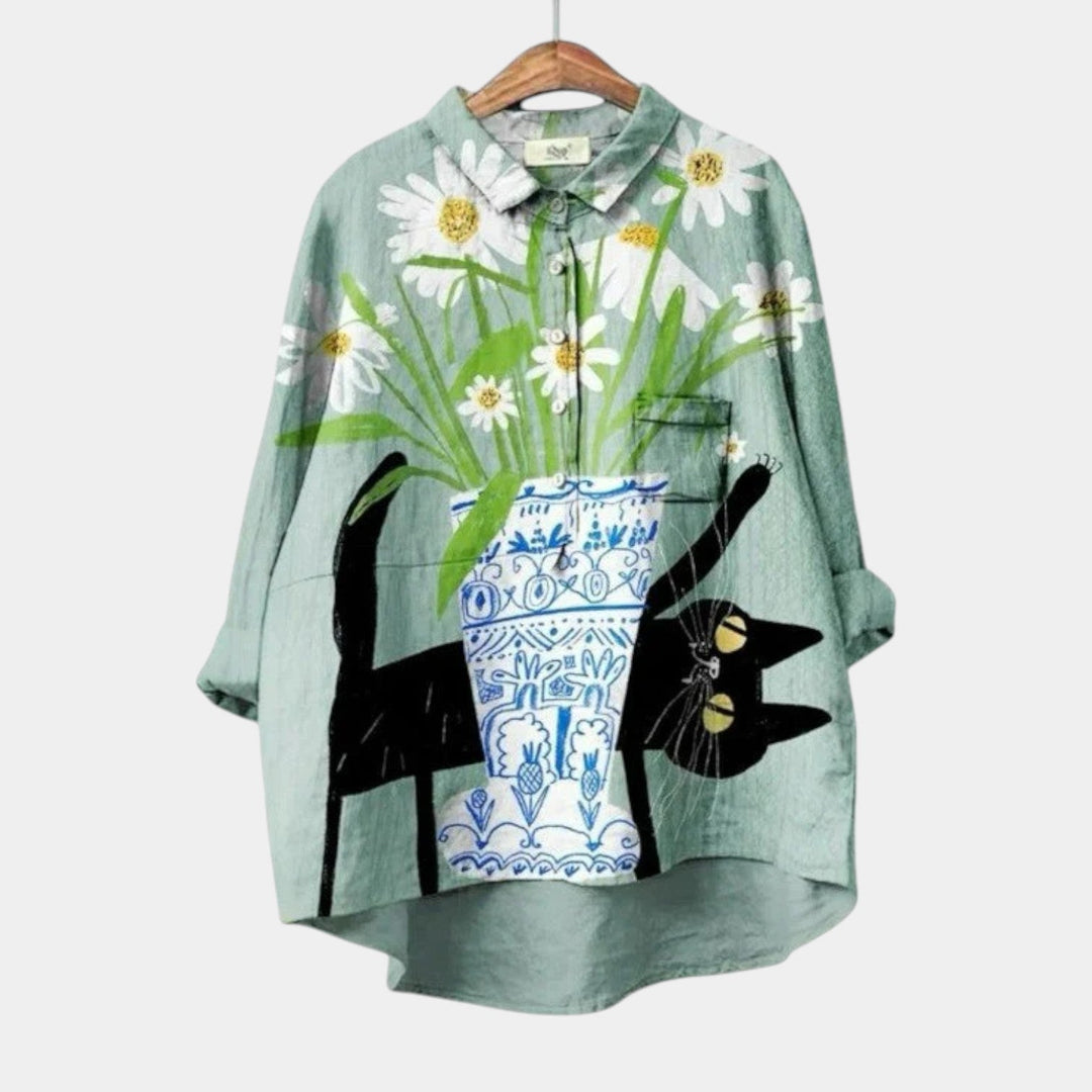 Marciela | Blusa con estampado de gato y jarrón